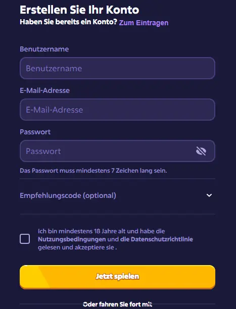 Registrierungsformular – Spielerkonto mit E-Mail-Adresse und Passwort erstellen